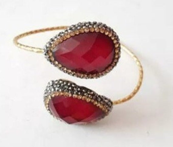 Gold Plated Cuff Bracelet, Pave Crystal on Clay, Turkish