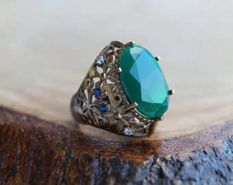 Ring Emerald Silver, Authentic Jewelry, Inspired by Ancient Culture Ottoman style ring, Hurrem sultan Istanbul jewelry