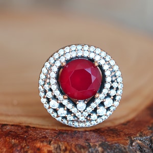 Anillo otomano de rubí y bronce: banda de plata de ley 925, talla 7.5 (EE. UU.).