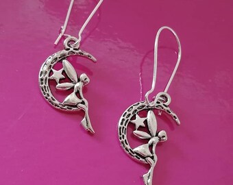 Silver fairy moon and stars fantasy earrings