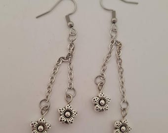 Silver flower charm chain dangle earrings