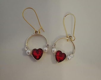 Gold red heart and pearl earrings