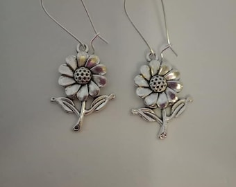 Silver sunflower dangle earrings