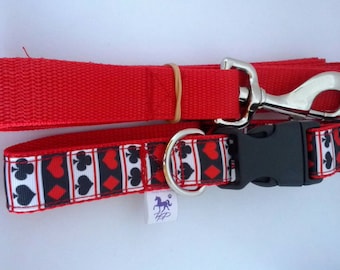 Red and black adjustable webbing dog collar and lead set with playing card print