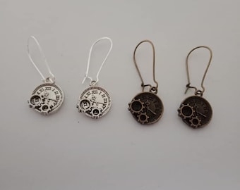 Small watch / gear steampunk silver and bronze earrings