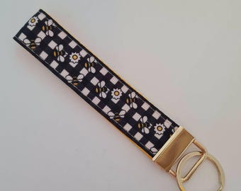 Black and white bee print key fob wristlet / handbag accessory