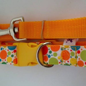 May include: A vibrant orange dog lead and collar set. The lead has a silver metal clasp. The collar features a white base with colourful polka dots and a yellow buckle. Designed for pets.