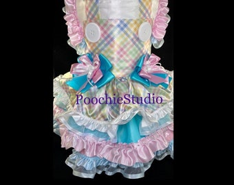 Pet Dog fancy Satin overalls party Easter birthday dress three layered satin trim dress pink baby blue lavender yellow xxs - XXLarge