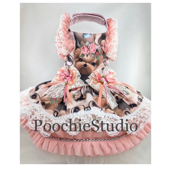 Pet Dog dress ‘Yorkies Please’ peach pink ivory pearls rhinestone Yorkie princess xxs - XXLarge and up!