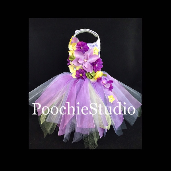 Dog dress tutu easter spring summer flower fairy tinkerbell inspired lavender violet yellow floral dress xxs - xxl and up