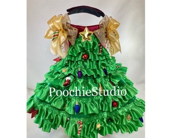 Pet Dog Christmas Tree Dress gown Princess Christmas Burgundy Gold Green Ornaments 2022 xxs - XXLarge