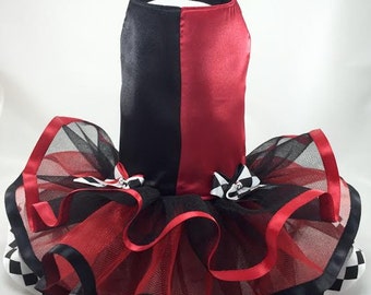 FREE GIFT with purchase! Pet Dog dress halloween costume red black satin Harley Quinn Inspired tutu xxs xs small MED large