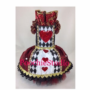 Dog dress dog costume 'Queen of Hearts' princess gown Alice in Wonderland black white   Burgundy gold pearls sequin hearts xxs - xl and up