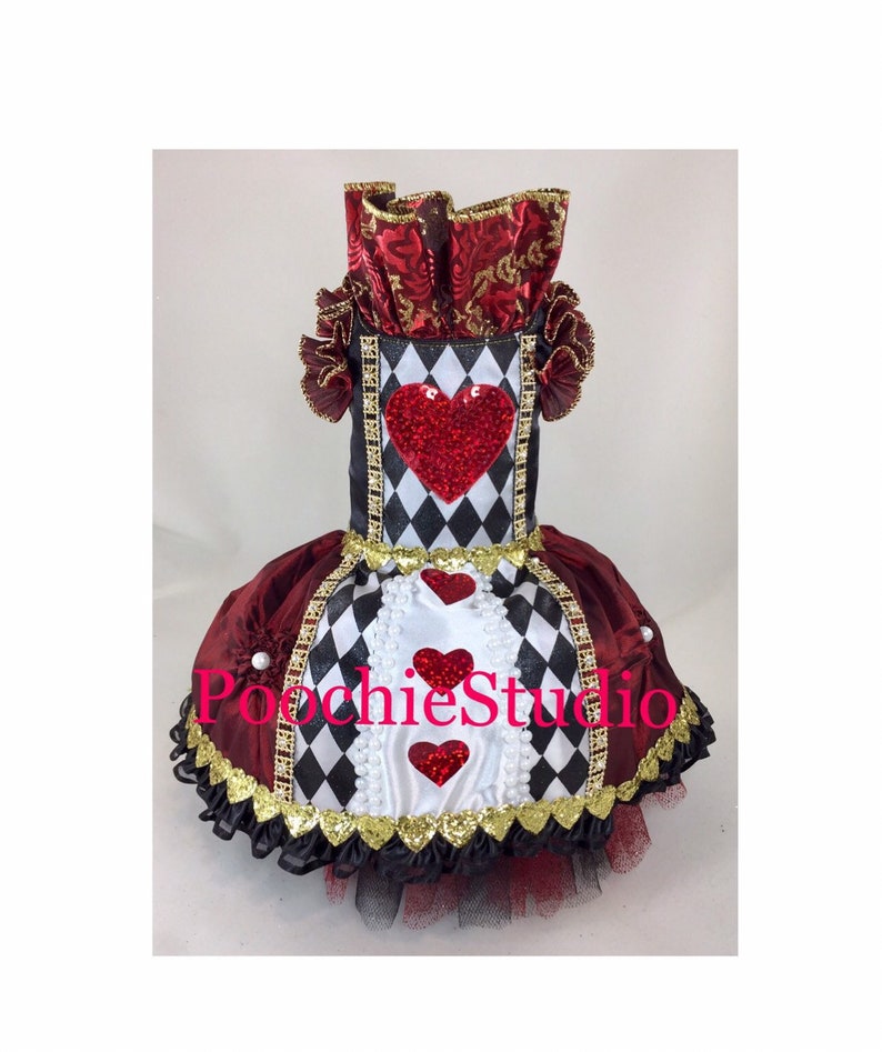 Dog dress dog costume 'Queen of Hearts' princess gown Alice in Wonderland black white   Burgundy gold pearls sequin hearts xxs - xl and up 