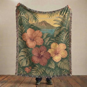 Manta de algodão com estampa de hibisco havaiano | Lembrança tropical havaiana | Tapeçaria de parede boho de alta qualidade para decoração de casa