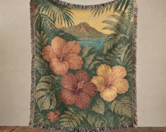 Hawaiian Hibiscus Cotton Woven Blanket | Hawaii Tropical Keepsake Throw | Boho Home Decor Heirloom Quality Wall Tapestry