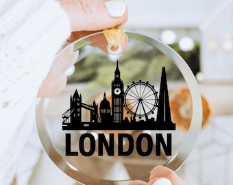 Glass Ornaments, London Skyline Ornament, England Christmas Decoration, Holiday Bauble, Traveler Gift, UK Cityscape Collectible