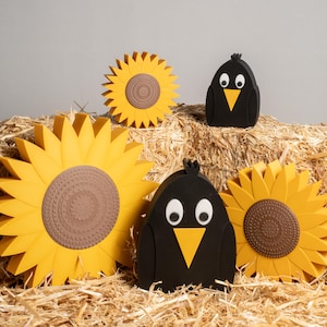 Sunflower and Crow Shelf Decor • Summer Fall Tiered Tray Set • Farmhouse Crow Figurines • Sunflower Crow Set or Individual Pieces