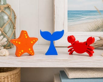 Beach Shelf Sitter Set Crab Starfish Whale Tail, Coastal House Decor
