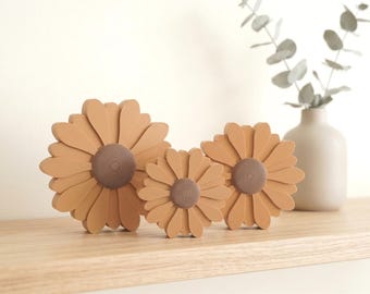 Brown Daisy Shelf Sitter, Neutral Farmhouse Tiered Tray Decor, Flower Accent