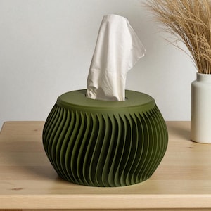 Moderna caja de pañuelos escultural verde con aletas radiantes en espiral