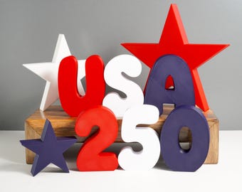 USA 250 Birthday Stars Decor Set, 4th July Decor Patriotic Shelf Sitters