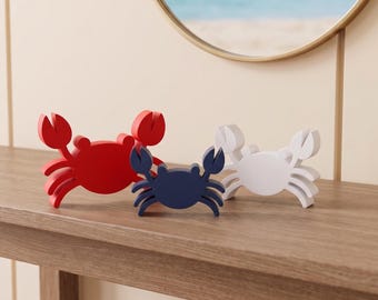 Red White and Blue Crab Shelf Sitters, Patriotic Coastal Beach House Decor