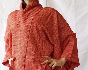 Vintage Orange Shibori Silk Haori: Japanese Kimono Jacket, Size L