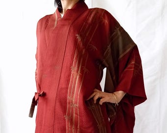 Vintage Silk Haori Jacket: Rust Red Bamboo Kimono Cardigan