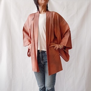 Vintage Terracotta Silk Haori Jacket - Lantern Motif Japanese Kimono Cardigan - Dusty Red Kimono Jacket Size L - 1980s Japanese Kimono Coat