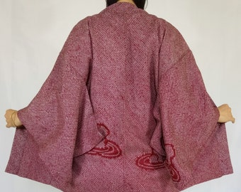 Japanese Women's Silk Kimono Jacket Size M, Burgundy Shibori Haori Tie Dye Jacket, Vintage Kimono Cardigan, Short Kimono