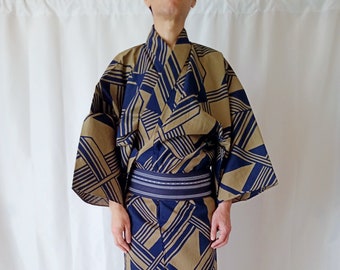 Men's Yukata Kimono Size XXL, Cotton Summer Kimono, Vintage Japanese Yukata, Dressing Gown with Geometric Pattern, Gift for Him