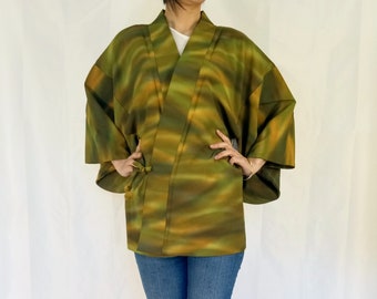 Japanese Dochugi Kimono Jacket for Women, Vintage Green Silk Haori Jacket Size L, Japanese Kimono Top Cardigan, Gift Idea for Her