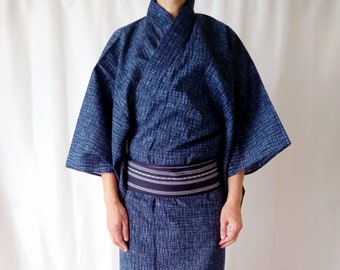 Men's Yukata Kimono, Dark Blue Cotton Summer Kimono, Vintage Japanese Yukata, Dressing Gown with Abstract Pattern, Gift for Him