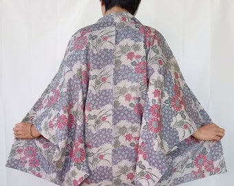 Vintage shibori-zijde Haori: Japans kimonojack – kleurrijk bloemenmotief – maat M
