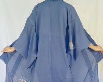 Transparent Blue Japanese Silk Kimono Dress for Women Size M, Vintage Kimono Robe with Mandarin Duck Pattern, Dressing Gown, Gift for Her