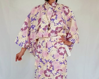 Japanese Floral Kimono Yukata with Morning Glory, Cotton Yukata Kimono for Women, Yellow Summer Kimono, Japanese Gift Idea