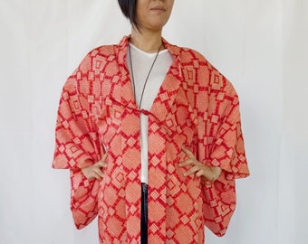 Red Japanese Women's Kimono Jacket Geometric Pattern, Silk Shibori Haori Jacket Size L, Vintage Japanese Kimono Cardigan, Short Kimono