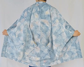 Japanese Silk Kimono Jacket for Women, Pastel Blue Haori Jacket with Iris Flowers, Vintage Japanese Kimono Top Cardigan