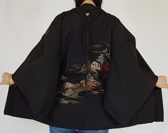 Black Silk Haori Kimono Jacket for Women with Embroidered Landscape Pattern, Vintage Japanese Silk Kimono Cardigan Size M