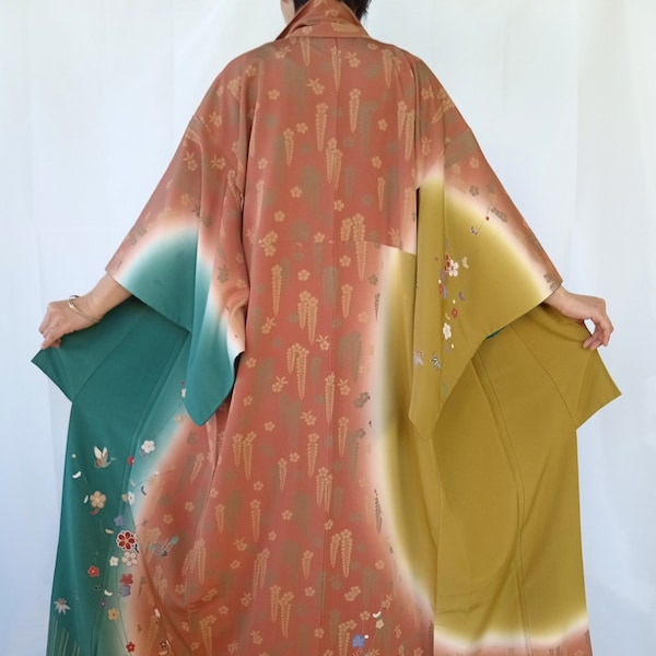 Japanese Women's Silk Kimono Robe size S in Green Brown, Vintage Silk Houmongi Kimono Hand Painted Floral, Gift Idea for Her