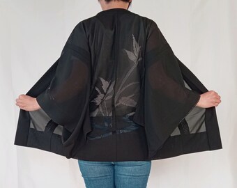 Usumono Summer Haori Jacket Women Size M, Vintage Japanese Black Silk Kimono Jacket, Floral Kimono Cardigan, Asian Jacket, Gift for Her