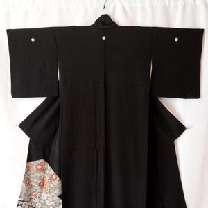 Vintage Black Silk Tomesode Kimono with Embroidered Chrysanthemums – Hand-Painted Floral Motif – Formal Japanese Kimono - Gift for Her
