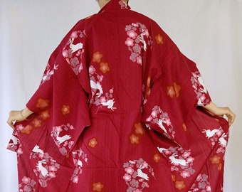 Red Yukata Kimono Robe Rabbit Floral Pattern, Vintage Japanese Women's Yukata Size L, Cotton Summer Kimono, Dressing Gown