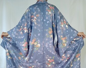 Blue Gray Kimono Robe for Women Size L, Vintage Japanese Floral Long Kimono Dress, Dressing Gown, Gift for Her