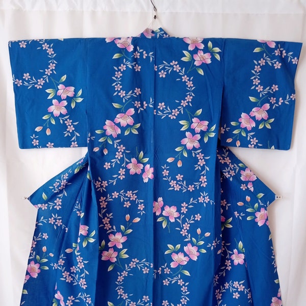 Blue Yukata Kimono Robe Cherry Blossoms Floral Pattern, Vintage Japanese Women's Yukata Size M, Cotton Summer Kimono, Dressing Gown