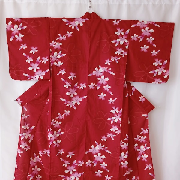 Red Yukata Kimono Robe Cherry Blossoms Floral Pattern, Vintage Japanese Women's Yukata Size M, Cotton Summer Kimono, Dressing Gown