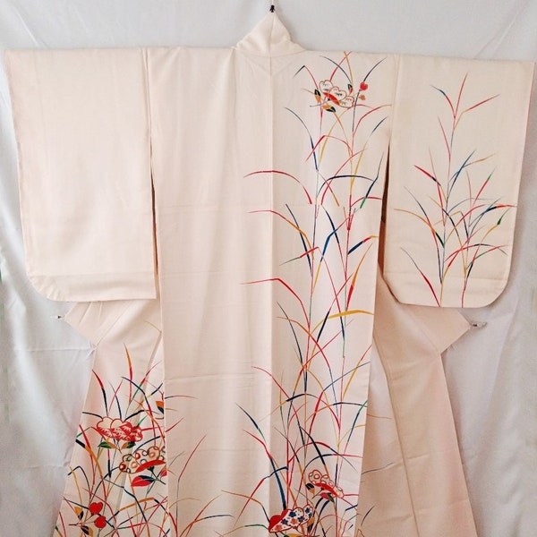 Silk Houmongi Kimono, Beige Kimono, Vintage Japanese Silk Kimono, Floral Kimono Robe for Women, Stylized Peony Pattern, Large Kimono