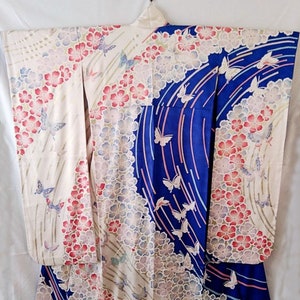 SALE - Furisode Wedding Kimono Nagajuban Set, Japanese Silk Kimono Robe Women & Cosplayer Size M, Butterfly Cherry Blossom Kimono Gift Idea