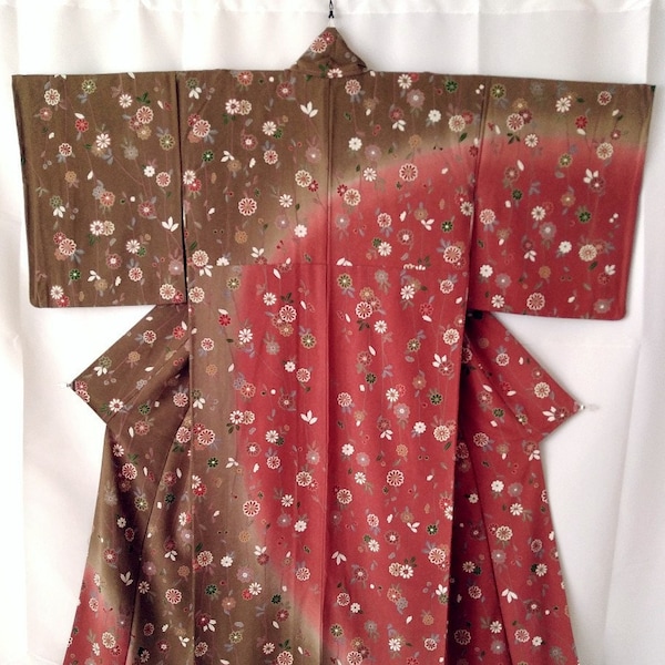 Women's Japanese Silk Kimono Dress in Brown and Red, Floral Houmongi Kimono Robe, Long Sleeve Dressing Gown Size M, Gift Idea for Her